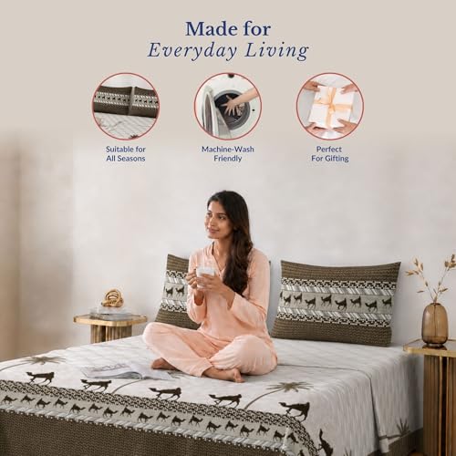 Image of Jaipur Weaves Cotton King Size Bedsheet 108x108 Super King, 100% Pure Cotton Bed Sheet with 2 Pillow Covers, 300 TC Soft Breathable Camel Design Bedding - (Olive Desert)