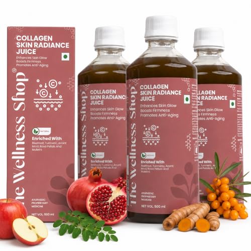 Image of The Wellness Shop Collagen Skin Radiance Juice 500ml x 3 | Natural Ayurvedic Supplement for Skin Glow and Healthy Hair | Sea Buckthorn Moringa Herbal Drink | Daily Beauty Wellness Juice for Men Women