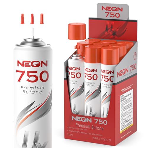 NEON Butane Fuel 750ml, 11X Ultra Refined 0 Impurities Butane Refill, Premium Universal Lighter Fluid with Metal Nozzle and 3 Butane Gas Refill Adapters for Refillable Lighters and Torches, Pack of 9