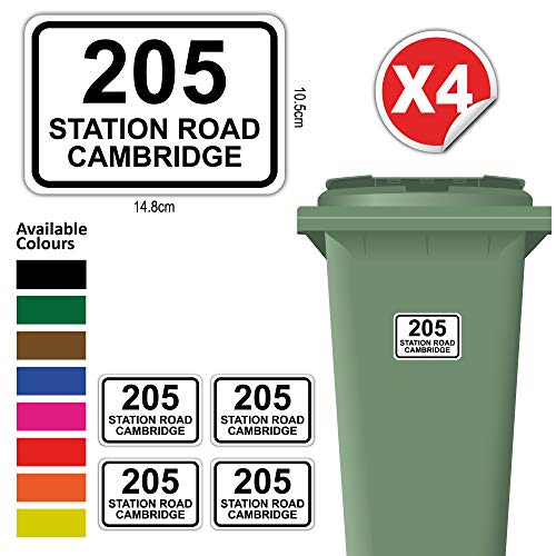 Pack of 4 Personalised Printed Wheelie Bin Number Stickers with House Number And Street Name Round Rectangle Style A6 Size Black
