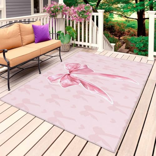Pink Bow Outdoor Rug 5' x 7', Cute Watercolor Girls Cartoon Luxury Washable Area Rug for Outdoor Indoor, Non Slip Outside Large Rugs Carpet for RV Patio Backyard Picnic Camping Porch Deck