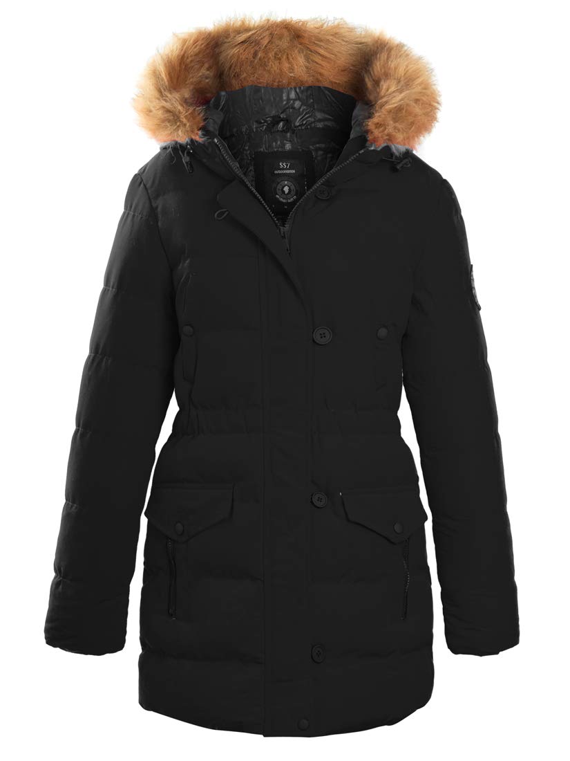 Ss7 Women's Black Puffer Parka Coat Faux Fur Hood (, 10)