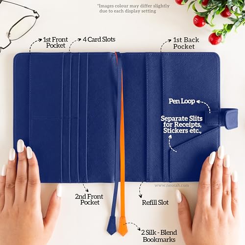 Image of NEORAH - B6 Notebook SLEEVE with SNAP Button + Dotgrid JOURNAL | Faux Leather Sleeve + Penloop | 2 Front 1 Back compartment | 6 Card Slots -DARK BLUE