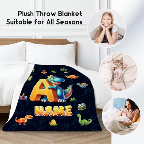 Dinosaur Blanket for Kids - Personalized Blankets Gifts for Boys - Cozy Lightweight Monogram Throw for Sofa & Bedroom Decor