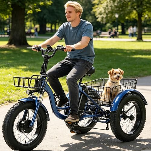 Triciclo eléctrico para Adultos, 3 Ruedas con neumáticos Anchos de 20', Asistencia al pedaleo, batería de Litio, Cesta Trasera, Pantalla LCD, Faro Delantero, claxon, Asiento Ajustable, Carga