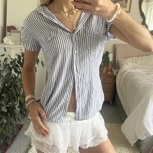 Image of Y2k Girls Vintage Coquette Button Down Shirt Women Short Sleeve V-Neck Slim Fitted T-Shirt Cute Blouse Crop Top