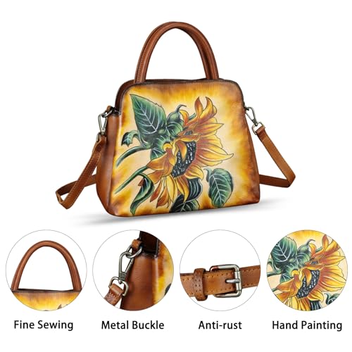 Image of Genuine Leather Handbag for Women Hand Painted Leather Top Handle Satchel Handmade Crossbody Purse