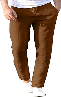 Men's Casual Cotton Linen Pants Straight Fit Drawstring Pant with Side Pockets Elastic Waistband Painting Pants Loose Beach Yoga Trousers