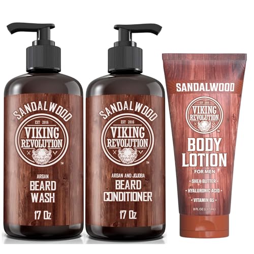 Image of Viking Revolution Sandalwood Beard Wash and Beard Conditioner for Men (17 Fl Oz each) and Sandalwood Body Lotion (8 Fl Oz) - Beard Care Softener and Strengthener + Lotion for Hydrated and Smooth Skin