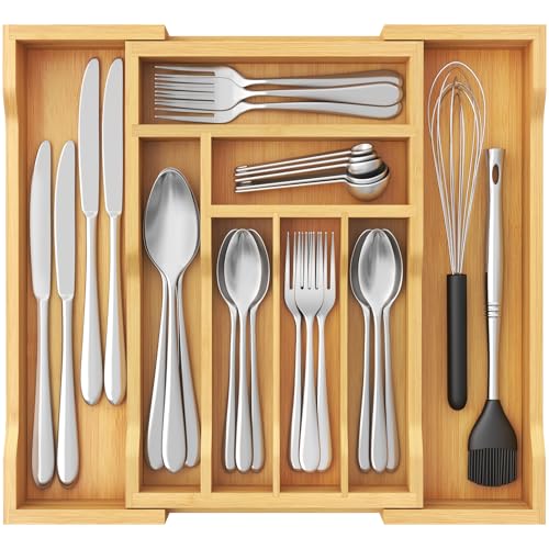 Lifewit couverts pour tiroirs - Profondeur : 33 cm - Extensible jusqu'à 42 cm de large - Organiseur de tiroir - Porte-couverts en bambou