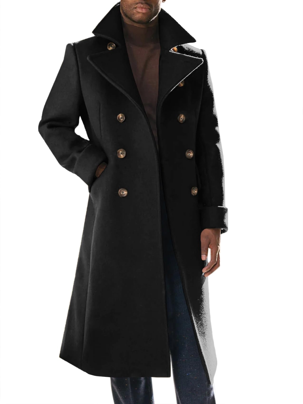 Mens Trench Coat Notch Lapel Slim Fit Double Breasted Long Pea Coat Winter Warm Overcoat