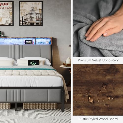 Image of Nelaukoko Queen Size Bed Frame, Metal Platform Bed Frame with Smart LED Lights and Charging Station, Ergonomic Velvet Headboard, No Box Spring Needed, Easy Assembly