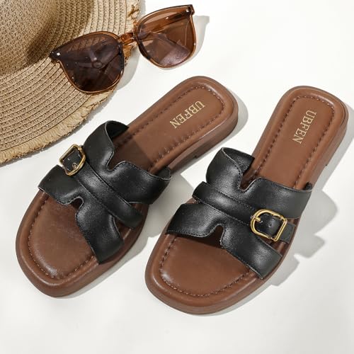 Image of UBFEN Womens Square Toe Flat Sandals Slides Dressy Comfortable for Beach