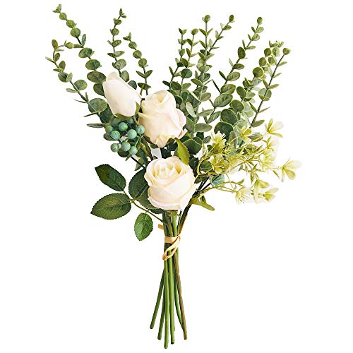 Wellindecor Artificial Flowers Bouquets Flower Arrangements Silk Roses Eucalyptus Leaves Berries Wedding Bouquets Floral Table Centerpieces Faux Greenery Stems for Vases Home Party Decoration (White)