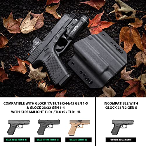 WARRIORLAND OWB Kydex Holster Optic Cut Compatible with Glock 17/19 GEN 1-5 & Glock 23/32 Gen 3-4 & Glock 19X/44/45 with TLR-1/TLR-1S/TLR-1 HL, Outside Waistband Carry, Adj. Carry Position, Right Hand