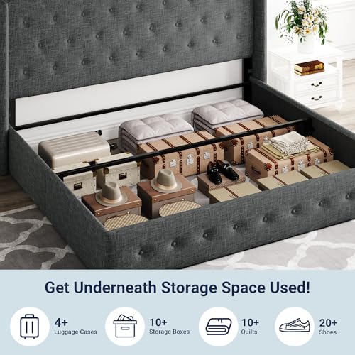 Image of Allewie King Size Lift Up Storage Bed, Button Tufted Headboard with Wingback, Hydraulic Support, No Box Spring Needed, Dark Grey