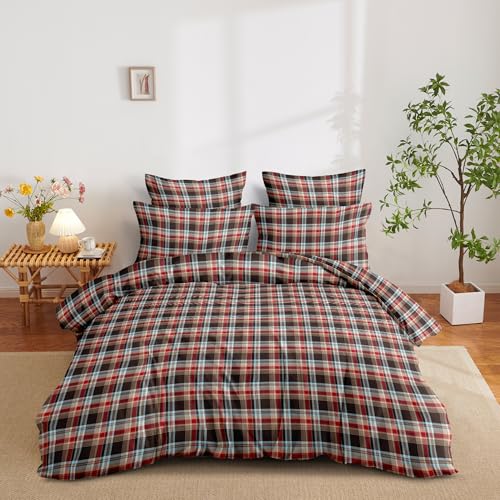 Image of Nayoroom Plaid Duvet Cover Queen Size Vintage Red Brown Gingham Checkered Tartan Duvet Cover Dorm Bedding Set 3 Pieces Soft Lightweight Microfiber Farmhouse Bedding Set Gifts for Women Men
