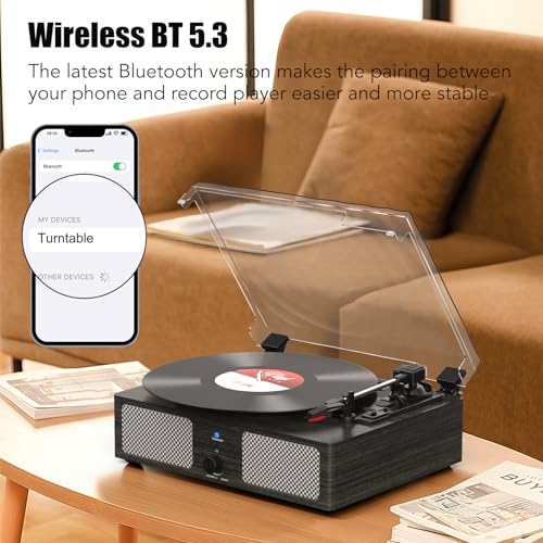 Image of Vinyl Record Player Wireless Turntable with Built-in Speakers and USB Belt-Driven Vintage Phonograph Record Player 3 Speed for Entertainment and Home Decoration Black