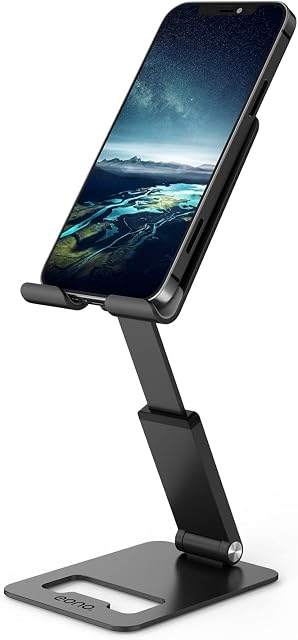 Amazon Brand  Eono Foldable Cell Phone Stand, Multi-Angle/Height Adjustable Aluminum Mobile Phones Desk Holder Stand for iPhone 14 Pro iPhone13 12 iPhoneSe, iPad Mini 5 4 and 4.7 -7.9 inches- Black