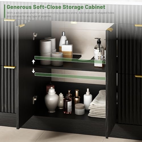 CARPETNAL 48 Inch Bathroom Vanity with Sink, Modern Fluted Bathroom Vanity with Sink with Storage Cabinet, Adjustable Shelf and 2 Soft Closing Doors & 4 Drawers, Black — view 6