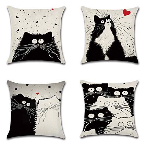 Neusky 4er Set Dekorativ Kissenbezug Katze Muster 45 x 45cm Sofa Büro Dekor Kissenhülle aus Baumwoll und Leinen (Katze-Familie)