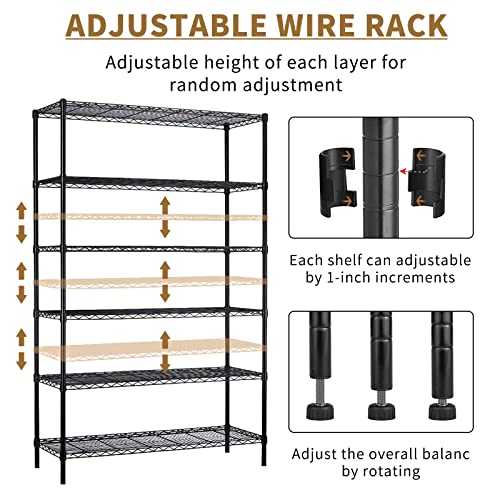 Yykokocat 6-Tier Wire Shelving Unit 2100Lb Capacity Adjustable Storage Shelves Heavy Duty Storage Rack With Wheels Nsf Metal Shelf For Closet Kitchen Garage Basement, 82" H X 48" L X 18" D- Black #TOP2