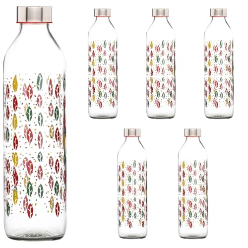 Image of SAND DUNE Set of 6, 800 ml Each Coloured Leaves Printed Glass water bottle, with Leak-Proof Airtight Stainless-Steel Lid for Water, Smoothie, Juices - Reusable Travel Glass Drinking Fridge Bottles