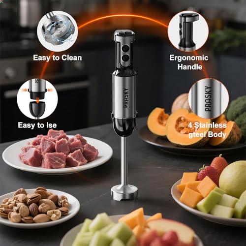 Immersion Blender, PRASKY 1200W 20 Speeds Electric Handheld Portable Stick Mixer, 5-in-1 Hand Blender Stainless Steel with Turbo Mode,Chopper, Whisk, Milk Frother for Soup, Smoothies,Puree, Baby Food image 4