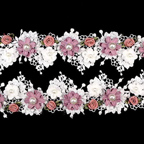 Sewdiytr Pearl Lace Trim Flower Pearl Beads Lace Edge Trim Ribbon Vintage Apricot Trimmings Edging Fabric Embroidered Applique Sewing Craft Wedding Bridal Dress Clothes Decor 2.2 Inch*1 Yard #TOP4