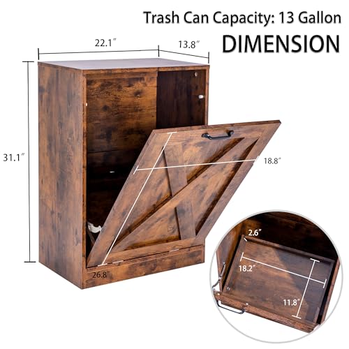 Image of 13 Gallon Wooden Tilt Out Trash Cabinet Hidden Trash Can Kitchen Recycling Cabinet Laundry Cabinet for Kitchen, Living Room (Brown)