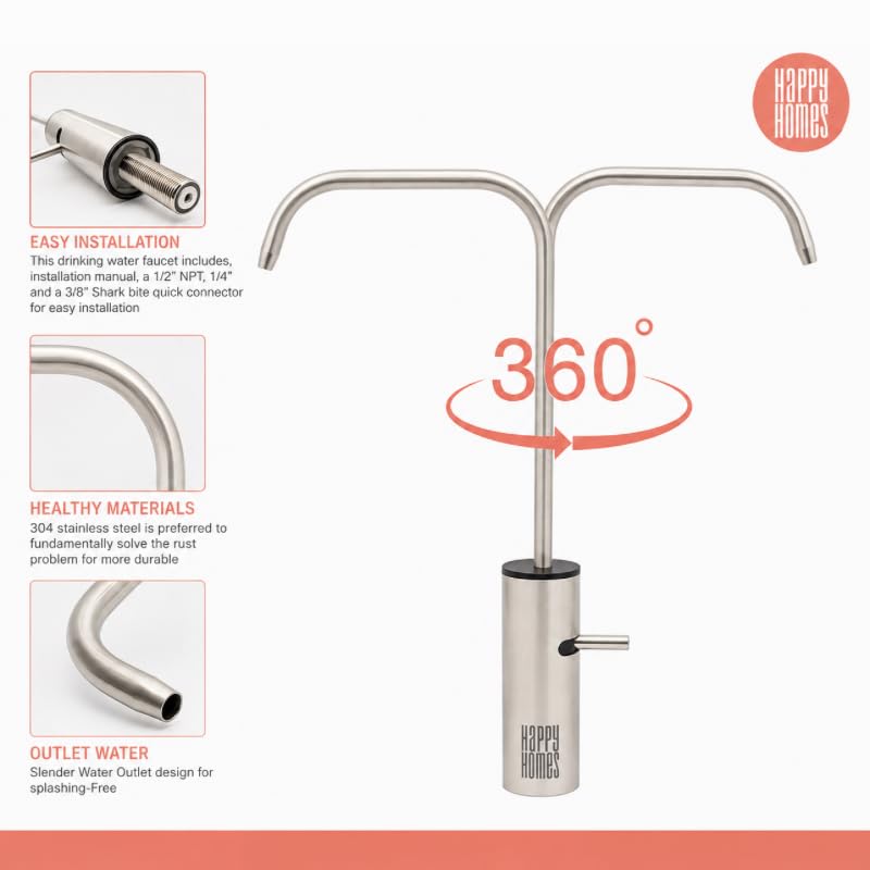 Image of Happy Homes Stainless Steel Faucet Tap - Ideal for Undersink RO Water Purifiers & Kitchen Sinks - Durable Drinking Water Filter Tap (Silver Steel)