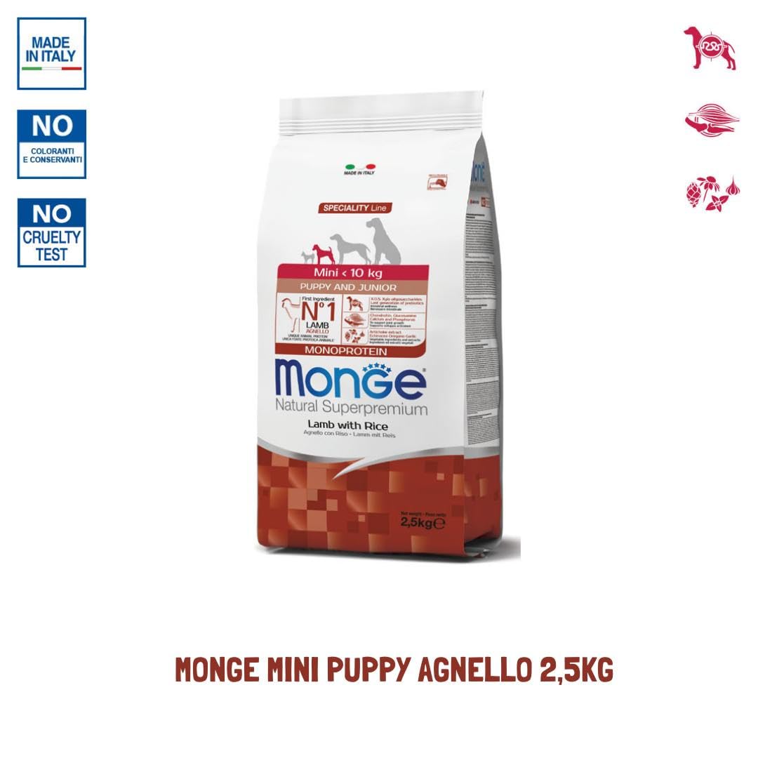 Monge Chien Puppy Mini agneau 2,5 kg, aliment complet pour chiens chiots de taille mini, goût agneau 2,5 kg.