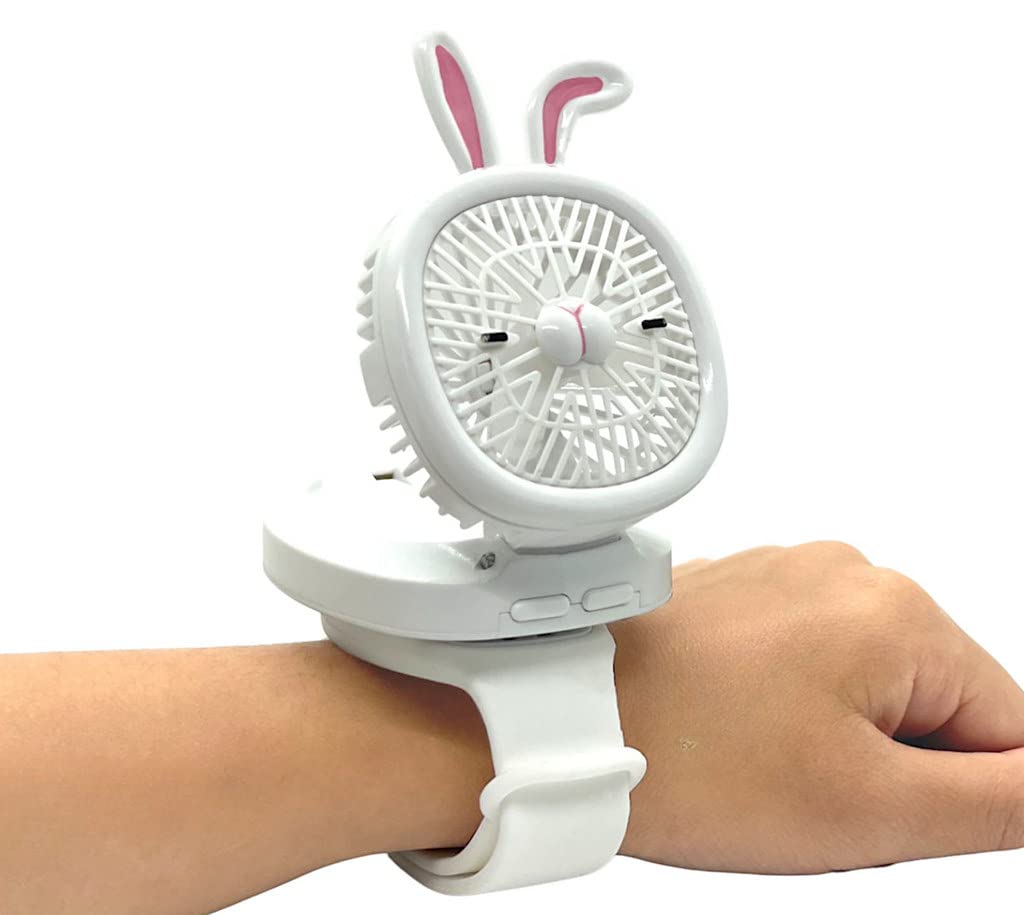 Shelbybox Personal Fan with Wrist Strap - Battery Operated, USB Rechargeable Fan Portable, LED Lights, 3 Adjustable Speed - Portable Fans for Kids Children Boys Girls Indoor Outdoor (White)