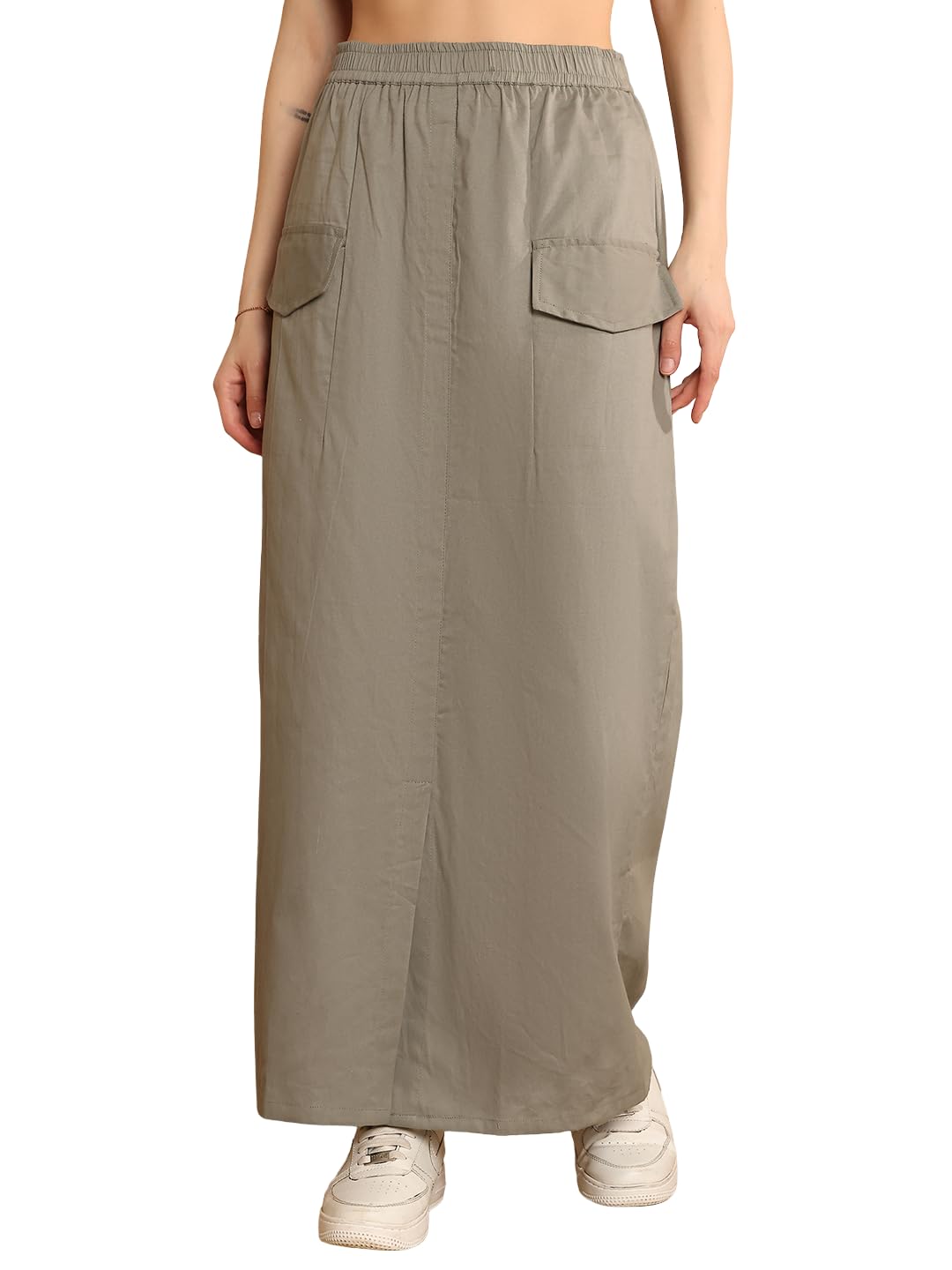 neudis Women's Cargo Maxi Skirt with Front Slit with Side Pockets-picture-3