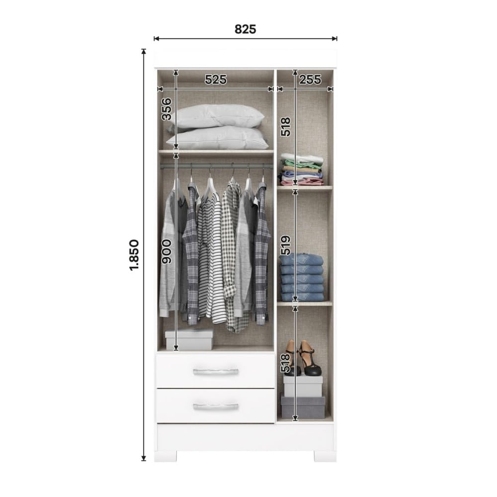 Befara Armoire JUVÉNILE avec TIROIRS MANAOS, Blanc, 82,5 x 46,5 x 185 cm, Petit Placard de 80 cm avec tiroirs et étagères, Petits placards, armoires à portemanteaux, armoires pour Jeunes