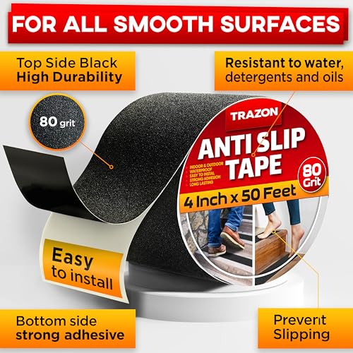 Image of Grip Tape - Heavy Duty Anti Slip Tape for Stairs Outdoor /Indoor Waterproof 4Inch x 50Ft Safety Non Skid Roll for Stair Steps Ramp Traction Tread Staircases Grips Adhesive Non Slip Strips Walk Black