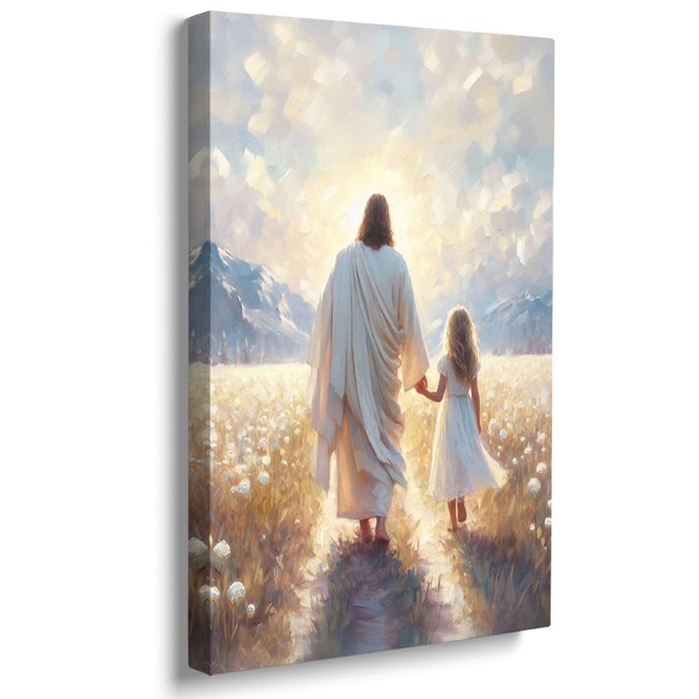 Reateforin Jesus Walking with Girl Canvas Wall Art Christian The Way He Leads Wall Decor Picture I Will Walk with Christ Poster Print Religious God Artwork for Baby Girl Nursery Room Decor 24"x36" — image 1