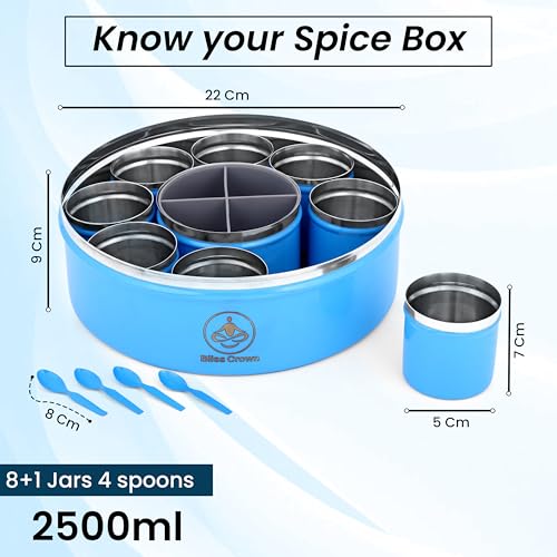 Image of 12-in-1 Stainless Steel Spice Box (Azure Blue) | Masala Dabba with 8 Containers + 1 Divider Box (4 Sections) + 3 Spoons | Airtight, Premium Coated Finish, Kitchen Organizer