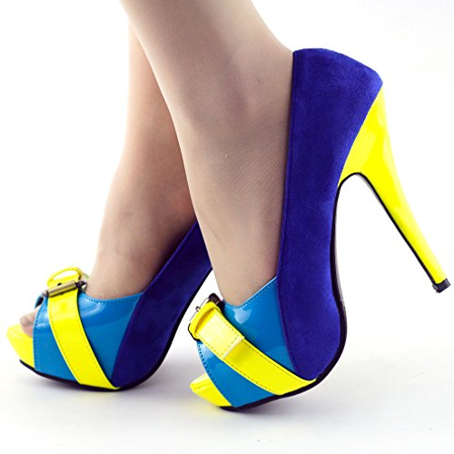SHOW STORY Three Tone Peep-Toe Buckle Platform High Heel Stiletto Pumps,LF304603