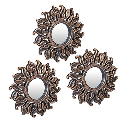 Relaxdays Set of 3 Sun Mirrors, Round, Decorative, diameter 24 cm, Wall Mount, Plastic Frame, Lounge, Bedroom & Hallway, Bronze, Glass