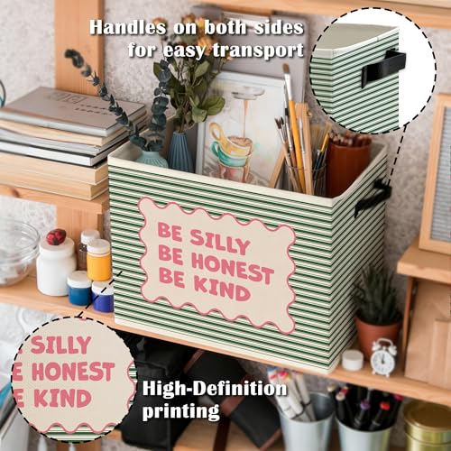 Image of Inspirational Nursery Storage Bins Box with Handles, Be Silly Honest Kind Motivational Pink and Green Striped Collapsible Basket Organizer for Kids Room Bedroom Bathroom Books Clothes