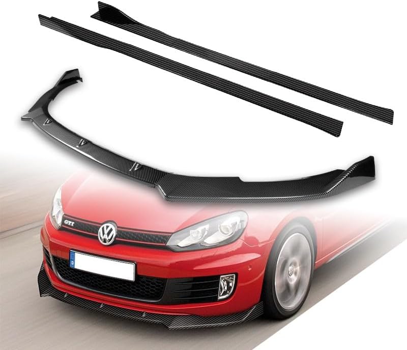 Stay-Tuned, 9PCS ABS Front Bumper Lip Spoiler Body Kit + Universal 86" x 4" Side Skirts, Compatible with 2010-2013 Volkswagen Golf MK6 GTI Model, Exterior Accessory (Painted Carbon Fiber)