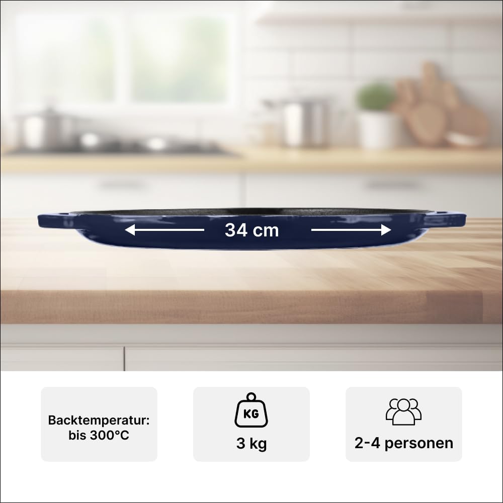 Gusseisen Grillpfanne mit geformten Griffen - Klassisch, Rund Steakpfanne Geeignet für alle Herdarten, Gasherde, Backöfen, Gasgrill - Grill pfanne Ø34cm, Blau