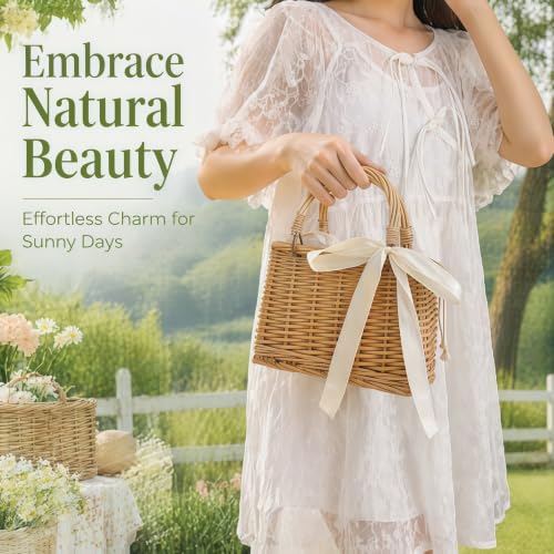 Image of Pumtus Handwoven Rattan Handbag, Wicker Rectangle Basket Purse with White Ribbon, Summer Beach Top Handle Clutch, Boho Style Woven Purse, Rustic Flower Basket for Women, Travel, Vacation, Wedding