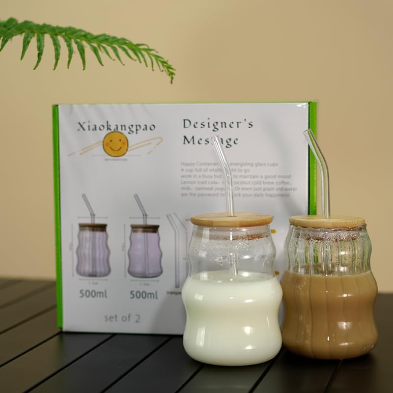2 Pcs Ribbed Glass Cups, 18 Oz Vintage Drinking Glassware with Wave Shape Design, Bubble Cups for Iced Coffee, Juice, Beverage, Milk, Cocktails, Bubble Tea, and More