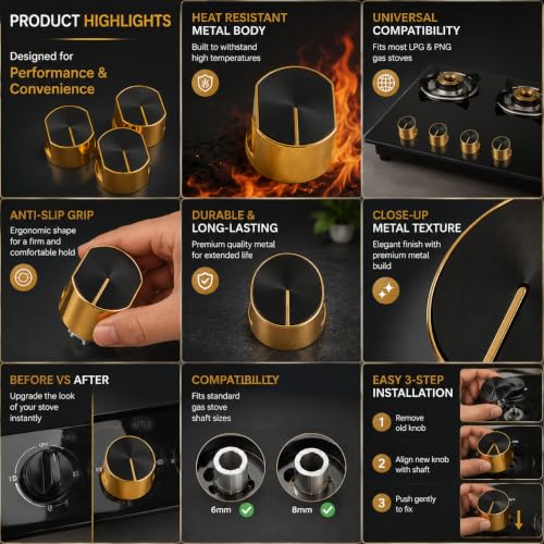 Image of Universal fit Knob for Gas Stove Replacement Parts | Long Lasting, Smooth Operation, Premium PVC On-Off Push Type 8 MM Spindle Black Knob for All Sleek Slim Modal Gas Stove (GOLD, PACK OF-4)