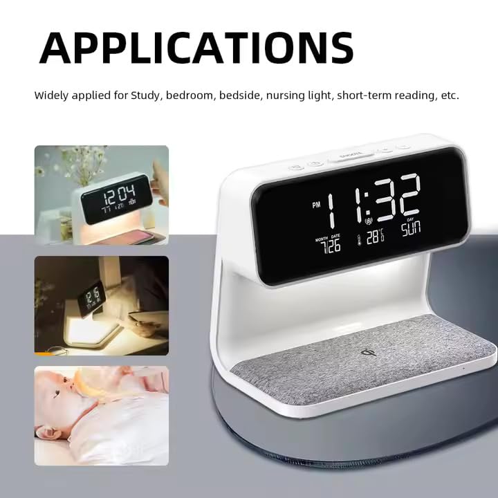 Luz De Noche Para Mesita De Noche, Lámpara De Lectura Con 3 Configuraciones De Luz, Despertador Con Pantalla Digital LED, Carga Inalámbrica, Luz De Despertador Para Quienes Duermen Profundamente