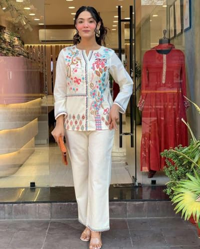 Image of SOFIYA'S TREND Women's Cotton Embroidery Straight Kurti with Pant Set