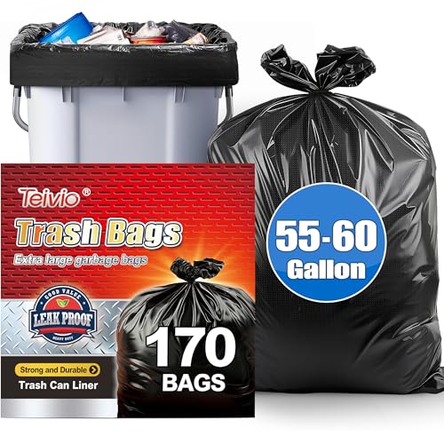 Teivio 55-60 Gallon Black Trash Bags | 170 Bags Extra Large Multi-Use Heavy Duty Commercial Garbage Bags | Lawn And Leaf Bags | Outdoor Yard Waste Bag | Contractor Workshops Trash Bin Liner