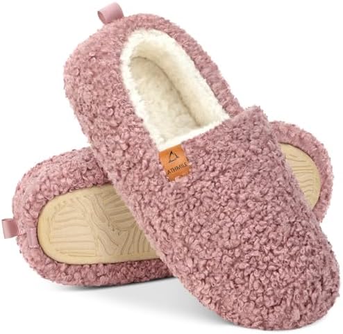 ATHMILE Fuzzy Slippers for Women House Slippers Memory Foam Curly Loafer with Polar Fleece Lining Indoor Outdoor Grey